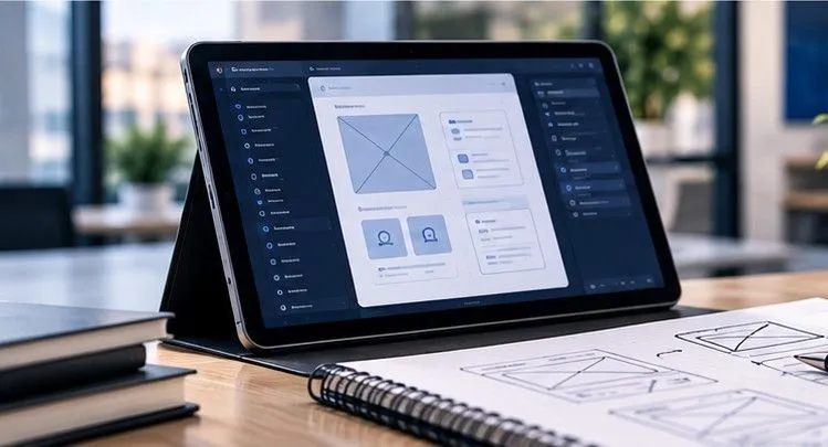 A tablet showing a design interface propped up beside a hand-sketched wireframe notebook on an office desk